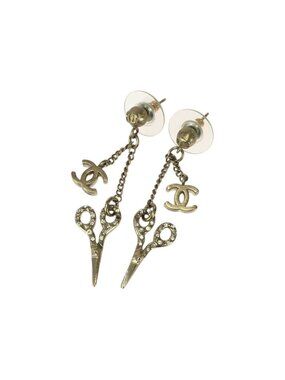 Chanel CC Logo Scissor Gold Metal Rhinestone Earrings